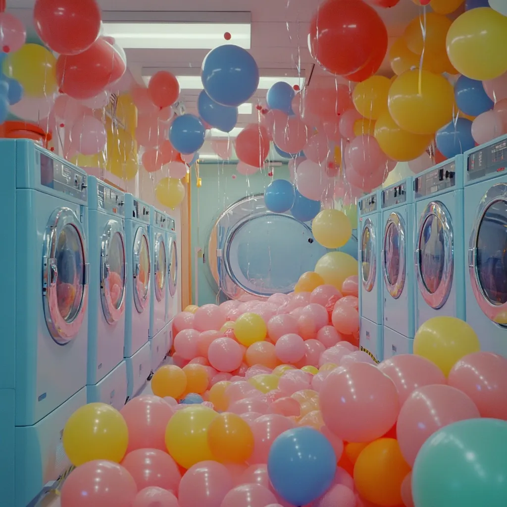 A whimsical laundromat is overflowing with pastel-colored balloons.  Rows of light blue washing machines line the walls, contrasting with the vibrant balloons cascading from the ceiling and pooling on the floor.  The scene is brightly lit, creating a cheerful and surreal atmosphere.  The overall aesthetic is playful and unexpected, transforming a mundane setting into a vibrant spectacle.