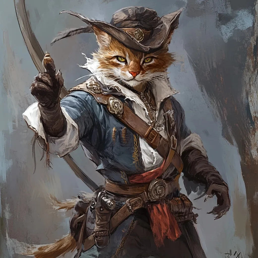 A striking digital painting depicts an anthropomorphic ginger cat, dressed in 17th-century-style attire.  The cat, wearing a wide-brimmed hat and intricate, leather-strapped clothing, is the focal point.  It holds up one paw, seemingly giving a command or making a gesture.  The style is painterly, with visible brushstrokes contributing to a textured and dramatic effect. The overall tone is dark, with muted blues and browns, enhancing the mysterious and adventurous atmosphere.  The cat's expression is both sly and confident.