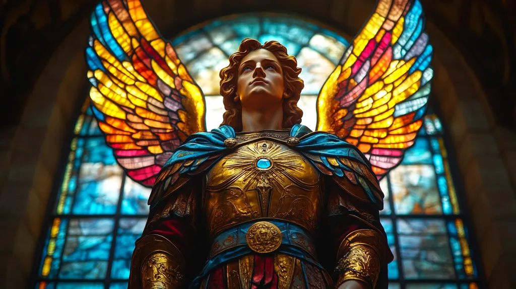 A statue of an angel, clad in ornate golden armor and a flowing blue cape, stands before a vibrant stained-glass window.  The angel's wings, seemingly an extension of the window's colorful design, are rendered in shades of gold, orange, pink, and blue. The angel gazes upward, its face serene and composed. The overall image conveys a sense of spirituality and awe, emphasizing the contrast between the statue's gilded details and the stained glass's luminous hues.
