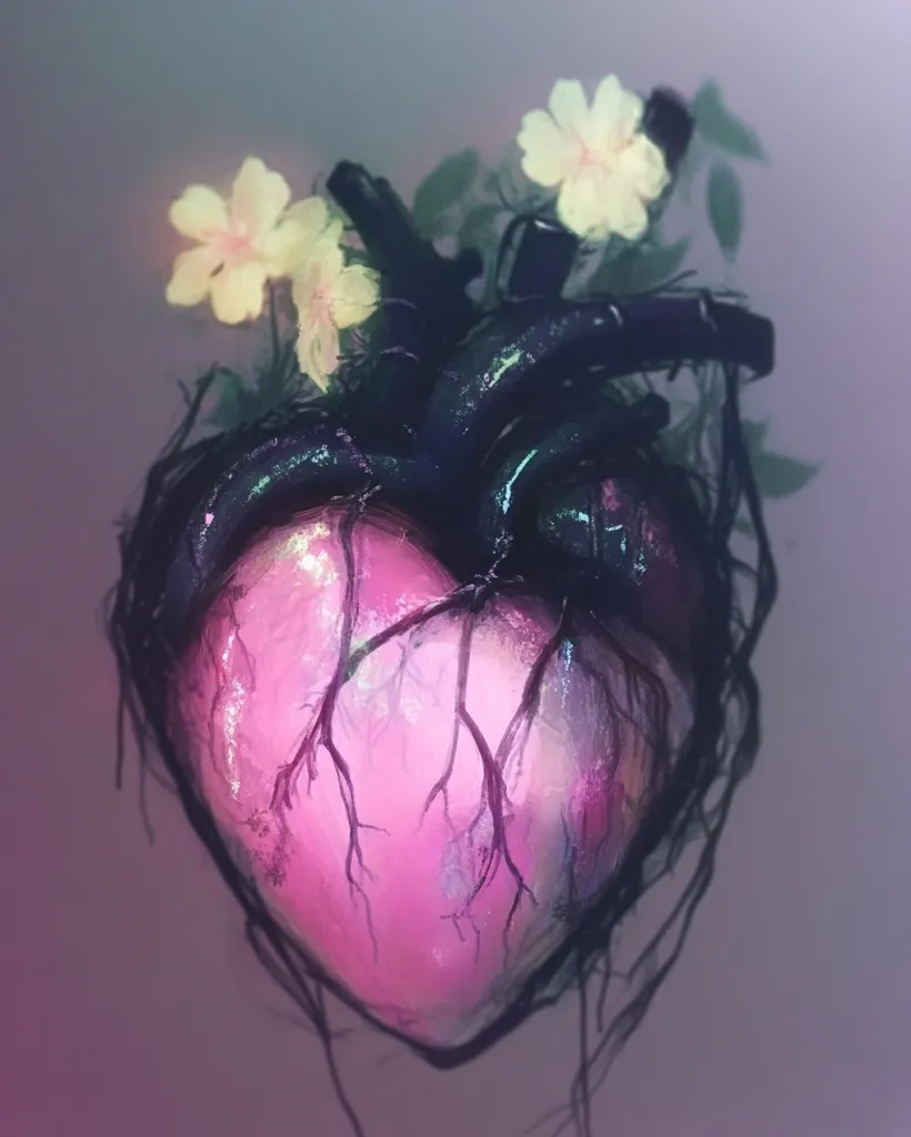 The artwork depicts a stylized human heart, rendered in shades of pink and glowing from within.  Intricate, dark, vine-like structures envelop and intertwine with the heart, creating a sense of both fragility and strength.  Delicate yellow flowers sprout from the top, adding a touch of ethereal beauty. The overall effect is dreamlike and evocative, suggesting themes of life, growth, and interconnectedness. The background is a soft, muted purple-grey, allowing the heart to be the focal point.