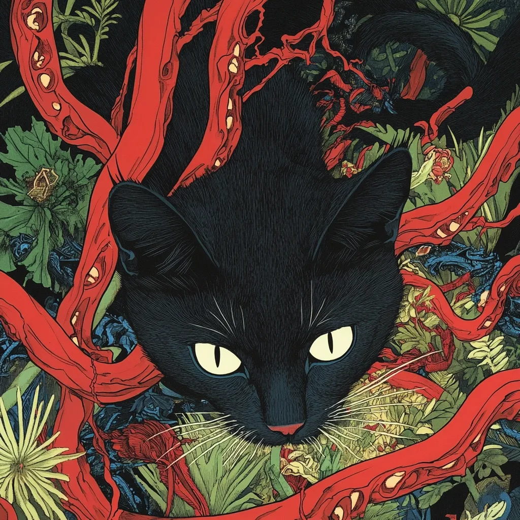 Here is a description of the image:

A detailed illustration showcases a black cat peering from a vibrant, overgrown garden.  The cat's intense, bright yellow-green eyes are prominent against its dark fur.  It's surrounded by a chaotic tangle of red, vine-like structures that intertwine with lush green foliage and various flowers in shades of green, red, and blue. The artistic style is intricate and almost surreal, suggesting a fantastical or dreamlike setting. The overall color palette is dark and rich, with strong contrasts between the black cat, the vibrant red vines, and the varied greens of the foliage.