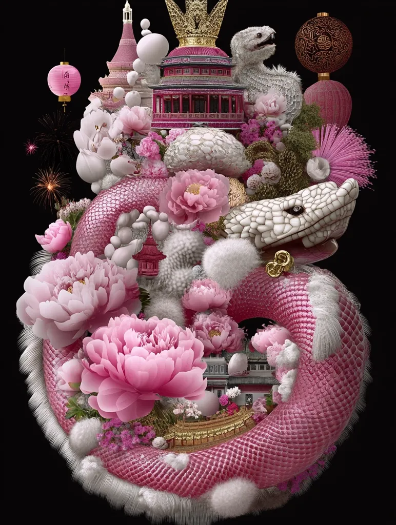 A vibrant digital artwork depicts a pink serpentine creature adorned with fluffy white fur.  It's intricately decorated with pink peonies, miniature Asian-style buildings, and ornate lanterns.  A gold crown sits atop the composition, adding a regal touch.  The background is black, creating stark contrast and highlighting the detailed textures and rich colors of the piece, which evokes a sense of celebration and fantasy.  Fireworks subtly appear in one corner.