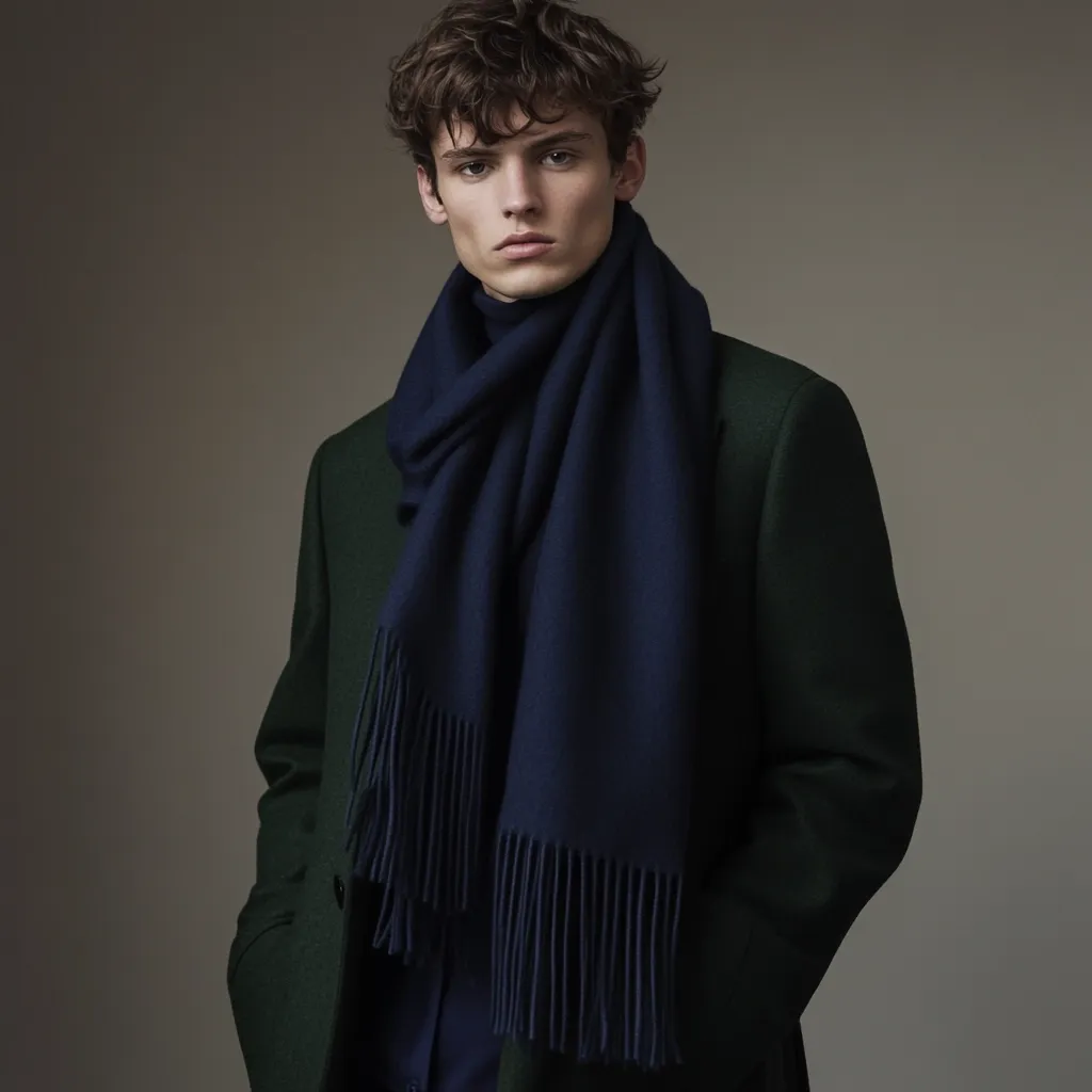 A young man with short, dark brown, slightly tousled hair is the focal point of a stylish portrait. He wears a dark green overcoat and a deep navy blue fringed scarf, draped casually around his neck. His expression is serious and direct, gazing at the viewer. The background is a muted, neutral tone, ensuring the model and his attire are sharply in focus. The overall aesthetic is sophisticated and understated, suggesting a classic, refined style.