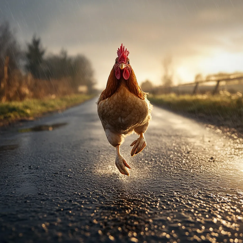 Here's a description of the image:

A light brown hen, its red comb vibrant, runs directly towards the camera down a rain-slicked country road.  The scene is bathed in the soft light of either sunrise or sunset, with raindrops visible in the air and glistening on the asphalt. The background is slightly blurred, showing a verdant countryside under a dramatic sky. The hen's focus and determined gait create a dynamic and slightly comical image, suggesting a sense of purpose or perhaps escape.