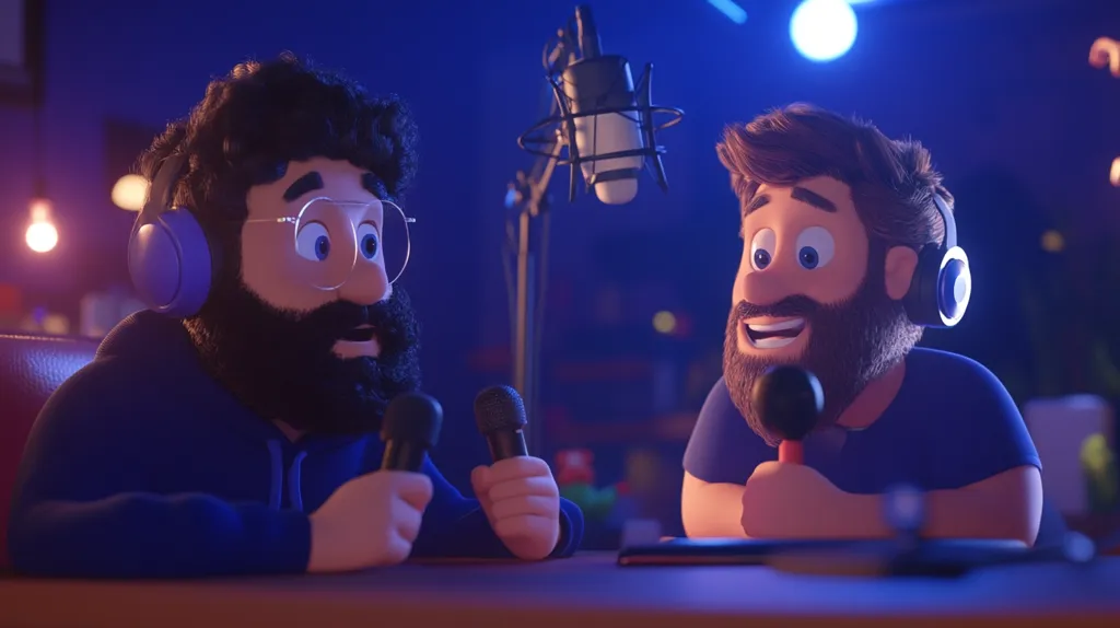 Two animated, cartoonish men with beards and headphones are seated at a table in a dimly lit room, holding microphones.  They appear to be podcasting or recording.  The scene is suggestive of a late-night recording session, with soft lighting and a professional microphone setup.  Their expressions are jovial and engaging, creating a friendly atmosphere. The style is reminiscent of 3D animation.