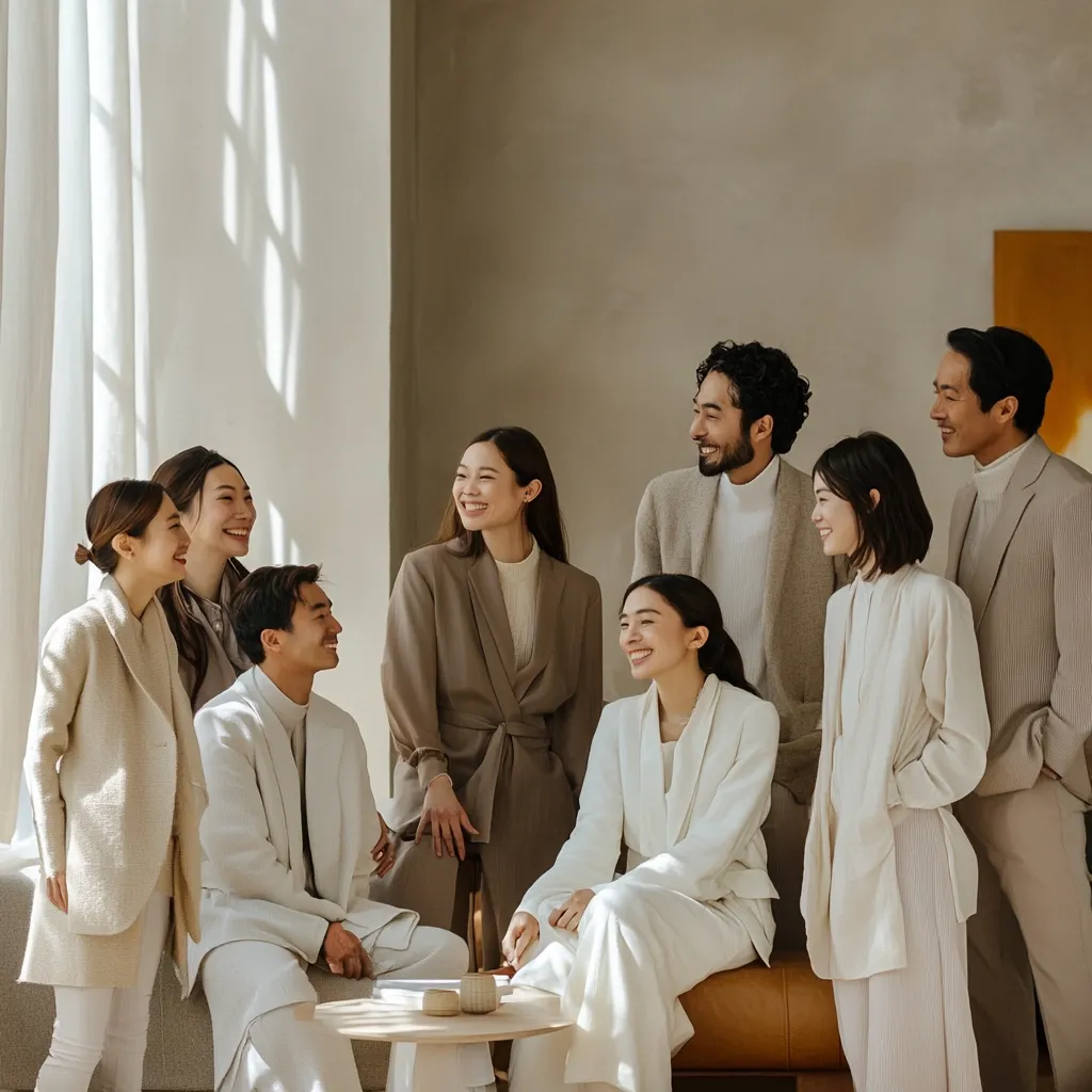 A group of eight young adults, four women and four men, stand and sit together in a sunlit room.  They are dressed in neutral-toned, elegant clothing in shades of beige and white.  The scene exudes a calm and sophisticated atmosphere, suggesting a relaxed gathering or social event.  Their expressions are friendly and engaging, indicating a positive and comfortable interaction.  The setting appears modern and minimalist.
