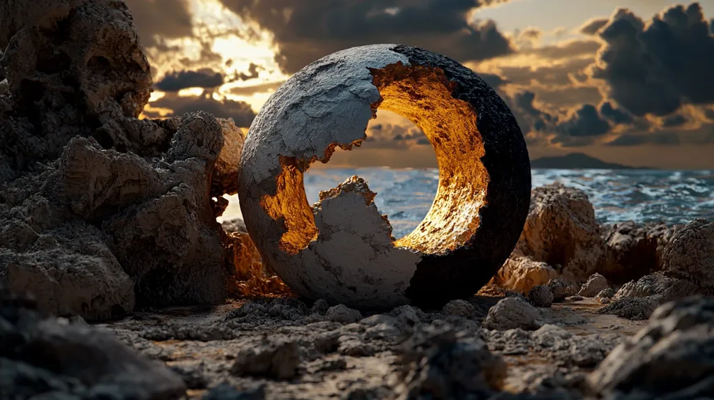 A large, spherical rock, partially eroded to reveal a glowing, golden interior, rests on a rocky shoreline.  The setting sun casts a warm light, illuminating the sphere's fragmented surface and the rough textures of the surrounding stones.  A calm sea stretches beyond, under a dramatic sky of dark clouds and vibrant sunset hues. The overall impression is one of serene, yet dramatic, natural beauty.