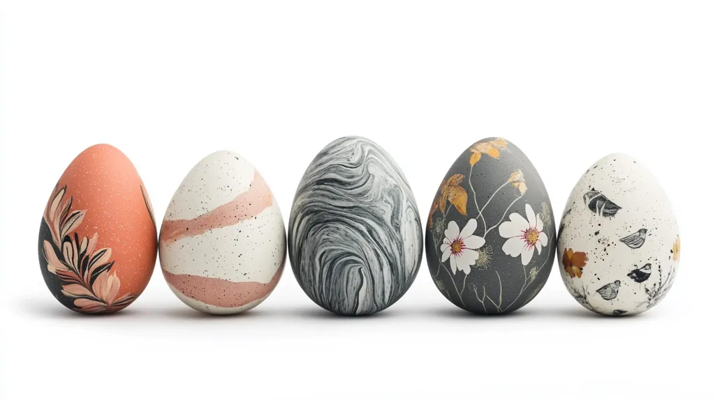 Five uniquely decorated Easter eggs are arranged in a row against a white background.  The eggs feature various designs:  one in muted orange with painted foliage, another speckled white with pink stripes, a third with swirling gray marble effect, a fourth dark gray with pressed flowers and leaves, and the last a white egg with small bird and leaf illustrations. The eggs are smooth and appear to be made of ceramic or a similar material.  The overall aesthetic is modern and minimalist.