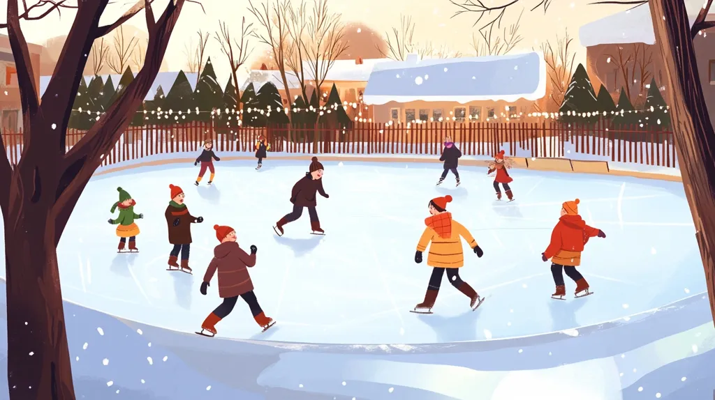 A charming illustration depicts children ice-skating on a picturesque outdoor rink.  Surrounded by snow-covered houses and trees adorned with fairy lights, the scene exudes a festive winter atmosphere.  The children, bundled in warm winter clothing and hats, glide across the ice with varying degrees of skill, some confidently skating, others tentatively taking their first steps.  The overall style is whimsical and inviting, capturing the joy of winter activities.