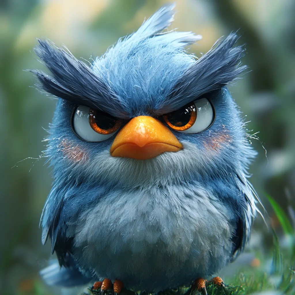 Here's a description of the image:

Close-up view of a digitally rendered blue bird, styled similarly to the Angry Birds characters.  The bird has a fluffy, textured appearance with visible individual feathers. Its expression is one of intense anger; its eyebrows are furrowed, and its orange eyes glare. The beak is a bright orange, and the bird's cheeks have a slight blush. The background is blurred but suggests a natural outdoor setting with green foliage. The overall style is realistic, despite the cartoonish nature of the bird's design.