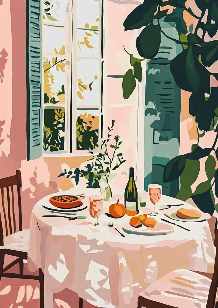 Here's a description of the image:

The painting depicts a sunlit, idyllic scene of a table set for a meal in a room with pale pink walls. A large window with teal shutters reveals a garden view. A white tablecloth covers a round table, laden with a dish of food, a bottle of wine, glasses, and fruit (possibly oranges or mandarins). Lush green foliage from a plant is prominent in the background, casting shadows on the wall.  The overall style is painterly and stylized, with bold colors and simplified forms. Two wooden chairs are partially visible, completing the tranquil, inviting ambiance.