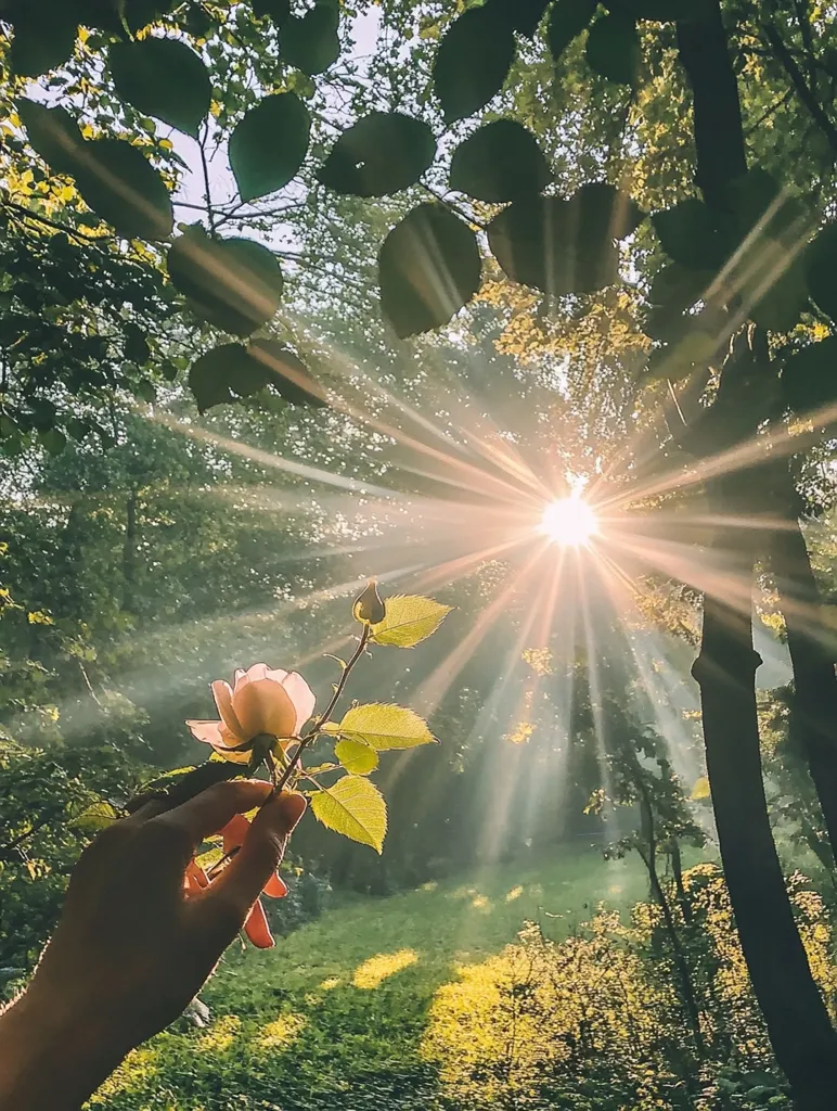 Here's a description of the image:

A hand gently holds a delicate, light pink rose with green leaves, extending from the lower left corner towards a radiant sun.  The sun's rays stream through a dense canopy of green leaves, creating a dramatic, ethereal light effect.  The forest floor is a soft green, bathed in dappled sunlight.  The overall mood is serene and peaceful, capturing a magical moment of nature's beauty.