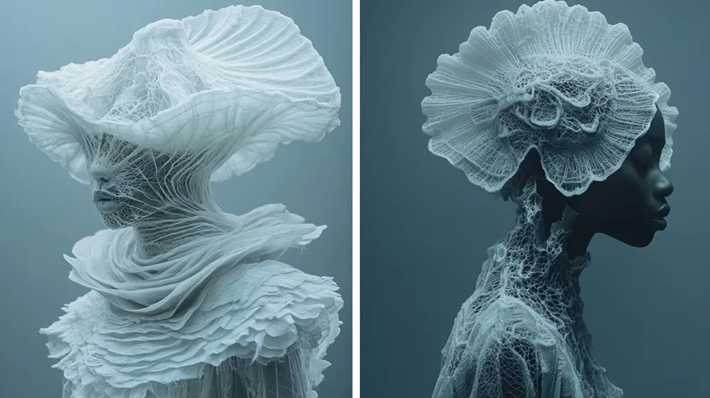 Two striking images showcase models adorned in intricate, sculpted headpieces and garments.  The ethereal designs resemble delicate coral or lace, creating a flowing, organic texture. The pale, almost white, creations contrast against a muted teal background, emphasizing the three-dimensional complexity of the pieces. The models' poses are serene and profile views, highlighting the garments' sculptural quality and the overall sense of otherworldly elegance.