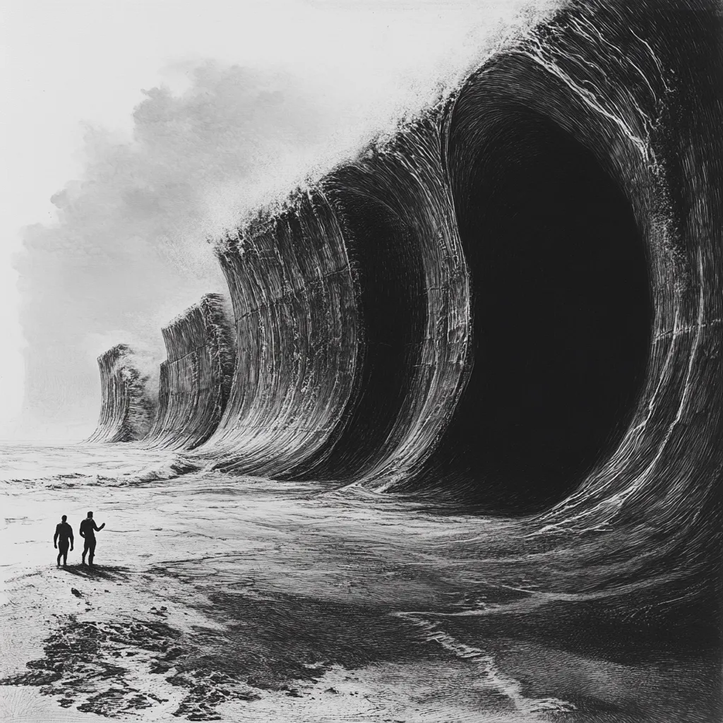 A monochromatic illustration depicts two figures standing on a beach, dwarfed by a series of immense, dark waves.  The waves, rendered with textured detail, curl dramatically, their interiors almost completely black, creating a sense of ominous depth and power. The sky is a muted gray, mirroring the overall somber tone. The contrast between the tiny human figures and the colossal waves emphasizes the vastness and potential danger of nature's forces. The style is reminiscent of a dramatic etching or woodcut.