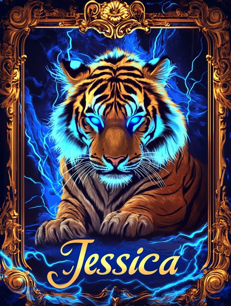 Here's a description of the image:

The image is a stylized portrait of a tiger, framed within an ornate gold frame.  The tiger is depicted with glowing blue eyes and is surrounded by electric blue energy resembling lightning bolts. The tiger's fur is richly colored, with deep oranges and browns. Below the tiger, the name "Jessica" is elegantly written in gold script. The overall style is vibrant and fantastical, blending realism with fantasy elements to create an eye-catching design. The background is dark blue, accentuating the bright colors of the tiger and the frame.