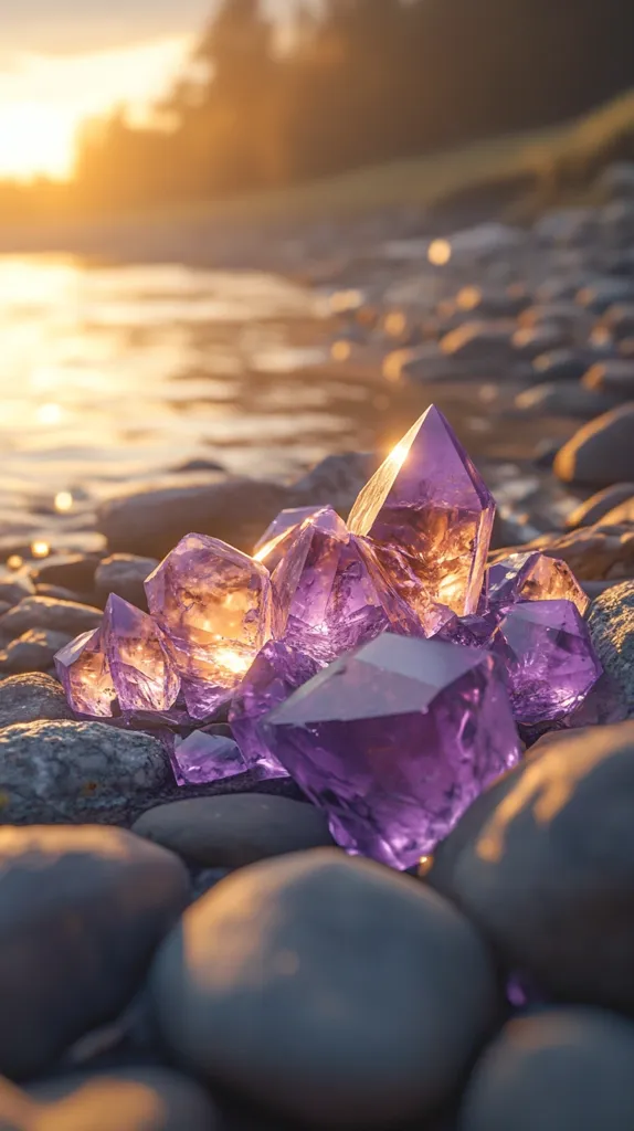 A cluster of vibrant purple amethyst crystals rests on a bed of smooth, gray stones at sunset.  The setting sun casts a warm, golden light, highlighting the crystals' facets and creating a magical, ethereal glow.  The blurred background suggests a tranquil lakeshore, enhancing the serene and mystical atmosphere of the scene. The contrast between the deep purple crystals and the cool gray stones is visually striking.