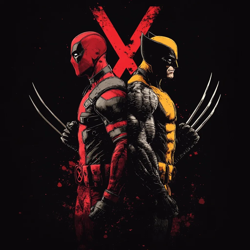 Here's a description of the image:

The artwork depicts Deadpool and Wolverine, iconic Marvel characters, standing back-to-back against a stark black background.  A large, stylized red "X" is positioned behind them, suggesting a connection or rivalry. Deadpool, in his signature red and black suit, is positioned to the left, while Wolverine, in his yellow and brown attire, stands to the right, his adamantium claws prominently displayed.  The style is dark and gritty, with splashes of red paint splatters adding to the intensity. The overall effect is powerful and visually striking, highlighting the characters' contrasting yet complementary natures.