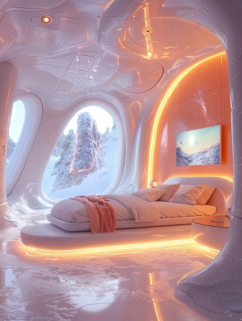 Here's a description of the image:

The image showcases a futuristic bedroom with a sleek, organic design.  The walls and ceiling are sculpted from a smooth, white material, lit with warm orange ambient lighting.  Large, oval windows offer a breathtaking view of a snow-covered mountain range.  A minimalist bed with pale bedding sits on a platform, also illuminated with soft orange light.  The overall aesthetic is luxurious, calming, and technologically advanced, creating a space that feels both cozy and otherworldly.  A small, modern nightstand is beside the bed, completing the serene, futuristic ambiance.