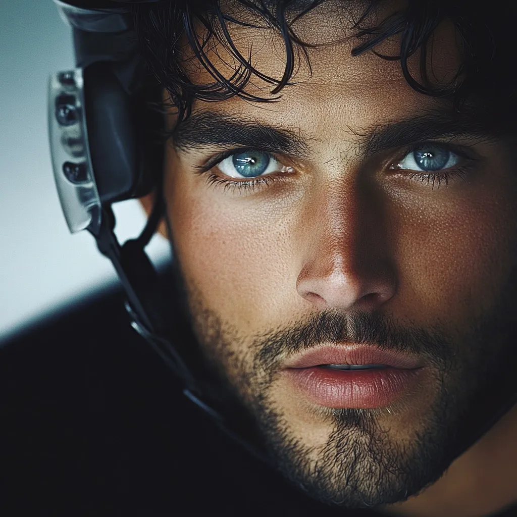 Close-up portrait of a man with dark, wavy hair and a short, well-groomed beard.  His intense gaze features striking blue eyes. Part of a dark headset or helmet is visible on his left side, suggesting a sporty or technological context. The image is sharply focused on his face, emphasizing his strong features and facial details, creating a moody and handsome aesthetic.  The lighting is dramatic, highlighting his bone structure.