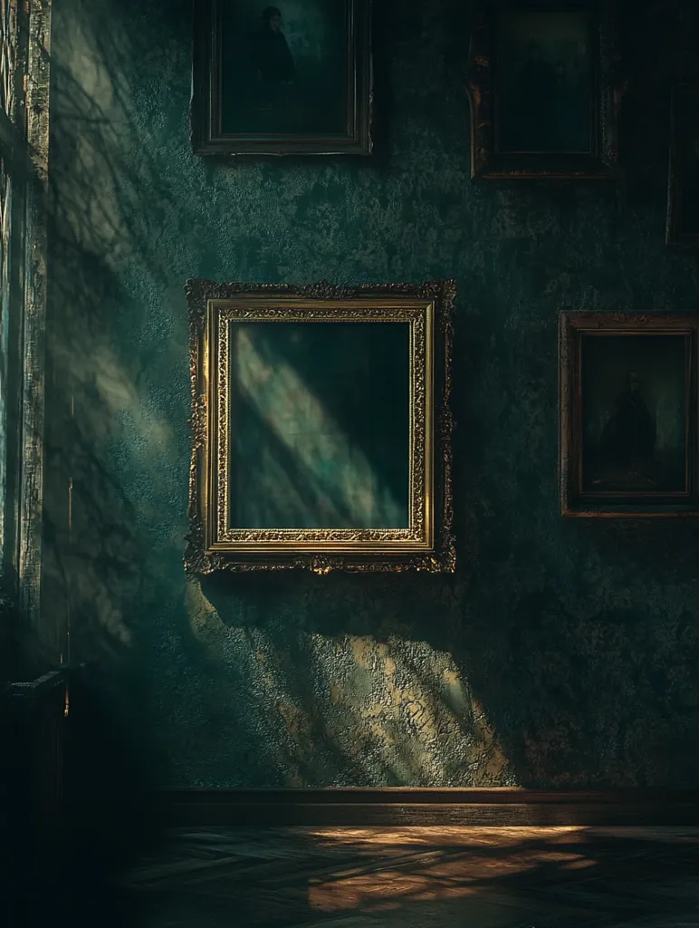 Sunlight streams through a window, casting dappled shadows on a dark teal wall adorned with antique gold-framed portraits and mirrors.  The room exudes a vintage, almost gothic atmosphere.  The textured wall and dark wood floor enhance the aged and mysterious ambiance. One large ornate gold frame mirror dominates the center, its reflection obscured by shadow. The overall mood is one of quiet, antique elegance with a hint of mystery.