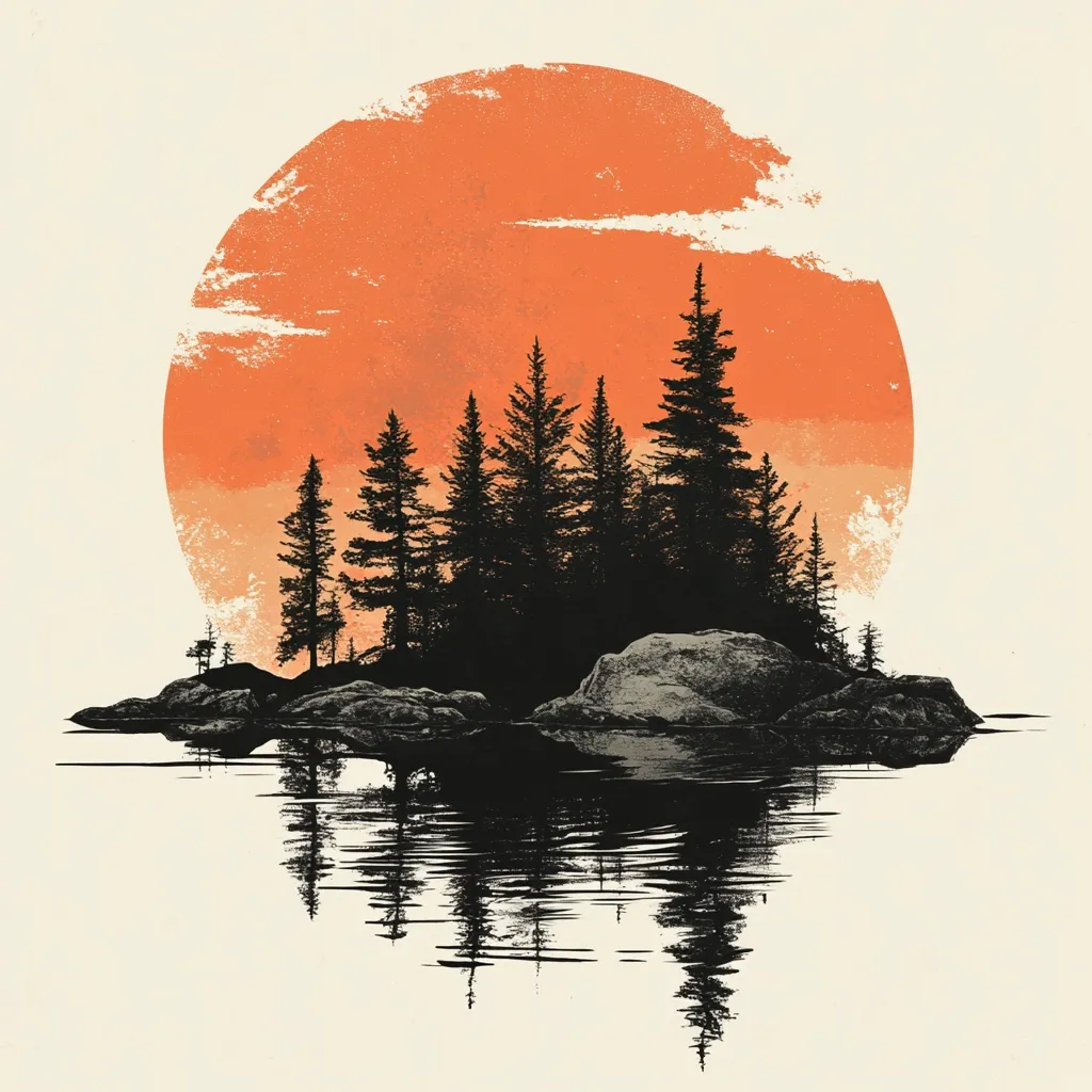Here's a description of the image:

The artwork depicts a serene island scene, dominated by a large, vibrant orange sun setting behind a cluster of dark evergreen trees. The trees stand silhouetted against the sun, their stark black contrasting sharply with the warm hues of the sky.  The island is rocky, with several large boulders visible at the shoreline.  The scene is reflected perfectly in the calm, still water below, creating a symmetrical and mirrored effect. The overall style is minimalist and graphic, with a focus on clean lines and bold color choices, giving it a peaceful and almost meditative quality.