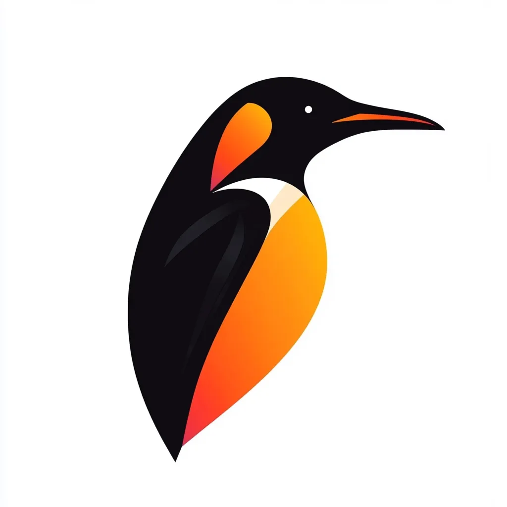 Here's a description of the image:

The image is a stylized illustration of a bird, possibly a penguin or similar species, viewed in profile from the side.  Its body is predominantly black, sharply contrasted by a vibrant orange-red gradient on its belly and a hint of white near its neck. The bird's beak is a dark, slender shape extending from a black head. The overall style is simple and graphic, suggesting a logo or emblem. The bird is depicted against a plain white background.