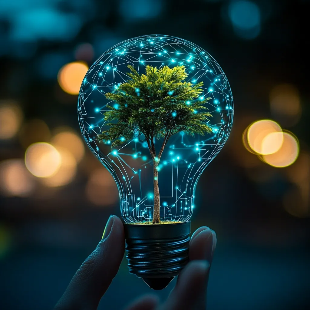A hand gently cradles a glowing lightbulb.  Inside, a vibrant green tree is illuminated, its branches intertwined with a network of blue light, suggesting a connection between nature and technology.  The background is a soft blur of warm and cool-toned bokeh lights, creating a dreamy, atmospheric setting. The image symbolizes sustainable energy, innovation, and the harmony between nature and technological advancement.