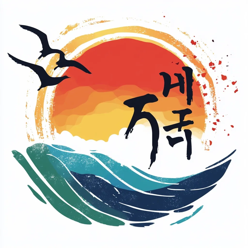 The image is a circular design featuring a stylized sunset over ocean waves.  Two birds fly across the setting sun, which is depicted in warm oranges and reds.  Beneath the sun, teal and deep blue waves roll.  In the center,  vertical Chinese characters are prominently displayed. The overall style is a blend of watercolor and grunge aesthetics, creating a serene yet dynamic visual.  The composition evokes feelings of tranquility and the vastness of nature.