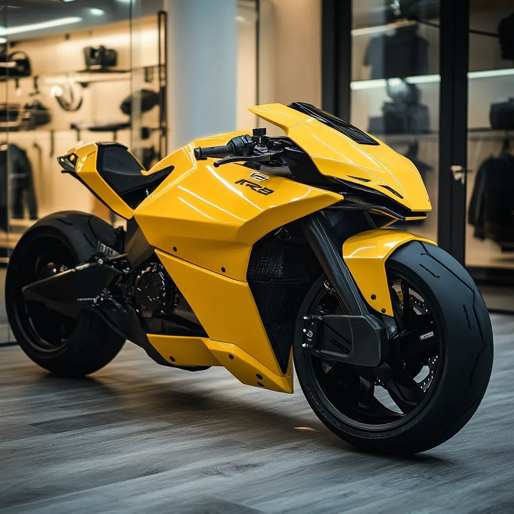 A vibrant yellow electric motorcycle, possibly a model R2, dominates the frame.  Its sleek, futuristic design features sharp lines and a low profile.  The bike is parked on a wood-grain floor inside a modern showroom, with blurred clothing racks visible in the background.  The black wheels and carbon fiber accents contrast the bold yellow body, creating a striking visual appeal.  The overall impression is one of high-performance and stylish design.
