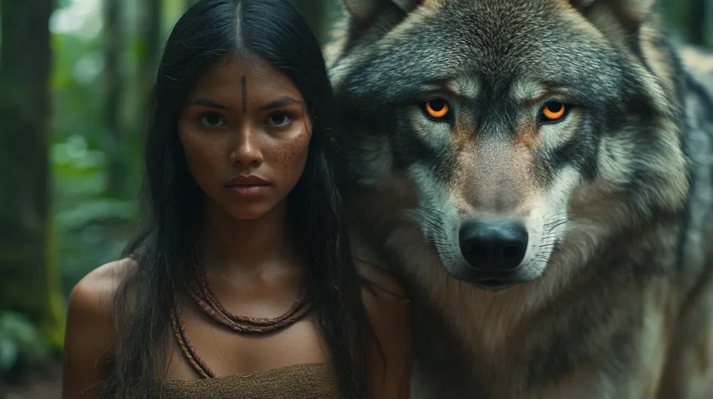 Here's a description of the image:

The image shows a young woman with long dark hair, adorned with a simple necklace, standing close to a large gray wolf.  The woman's expression is serious and intense, her gaze meeting the viewer's directly.  She has a small mark on her forehead.  The wolf, whose eyes glow faintly orange, also stares directly at the camera, creating a powerful and intimate composition. The background is a blurred but lush green forest, suggesting a wild and natural setting. The overall mood is one of mystery and connection between human and animal.