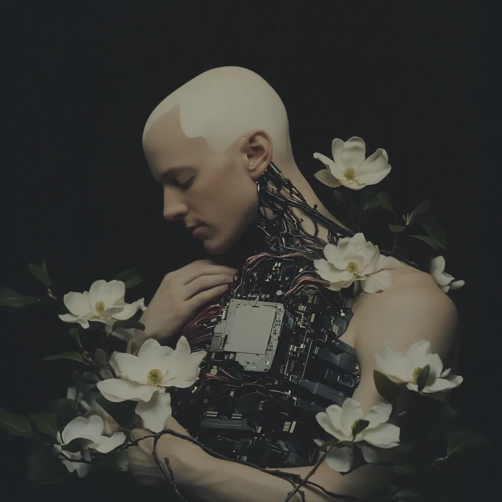 Here's a description of the image:

The image is a stylized portrait of a bald, pale-skinned individual, seemingly a cyborg, with exposed internal circuitry and wiring integrated into their upper body.  Their arms are gently wrapped around themselves, almost embracing the technological components.  Delicate white magnolia blossoms and dark, leafy branches intertwine around the figure, contrasting the cold technology with natural beauty. The overall mood is serene yet slightly melancholic, emphasizing a juxtaposition of organic and artificial elements. The dark background enhances the dramatic lighting focused on the subject.