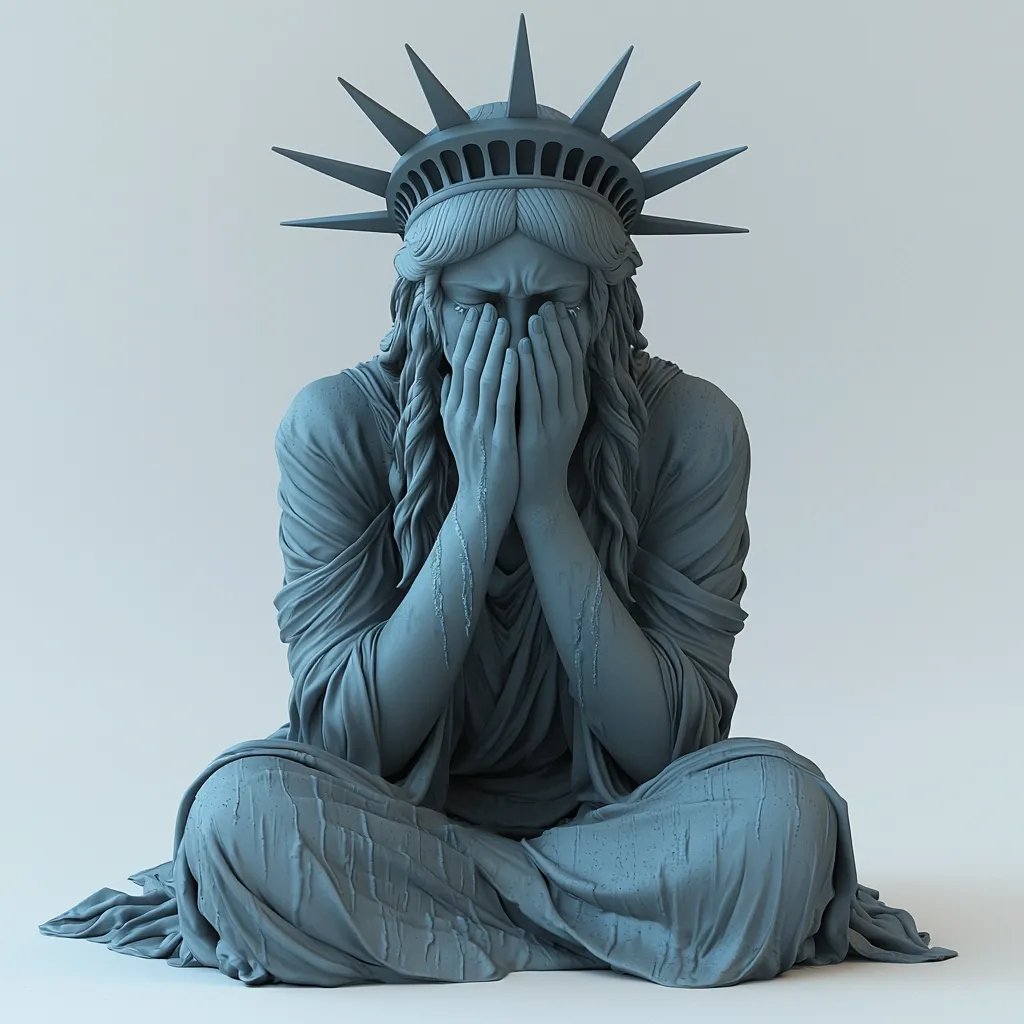 Here is a description of the image:

The image shows a digital rendering of a statue of Liberty, seated with her face buried in her hands. Her posture conveys deep sorrow or despair, emphasized by visible streaks down her arms that might represent tears or weathering.  The statue's normally vibrant color is replaced by a muted blue-gray, adding to the somber mood.  The background is a simple, light gray, ensuring the statue is the sole focus of the viewer's attention. The overall effect is a poignant and thought-provoking image.