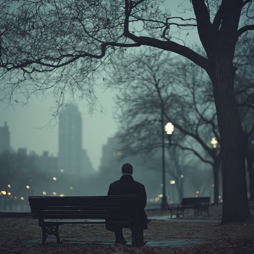 A lone figure sits on a park bench, back to the viewer, in a misty urban landscape.  Bare trees frame the scene, their branches reaching towards a muted cityscape in the background.  Soft, diffused light from distant streetlamps creates a melancholic atmosphere. The overall tone is somber and contemplative, suggesting solitude and reflection.  The man's dark coat blends with the muted colors of the environment.