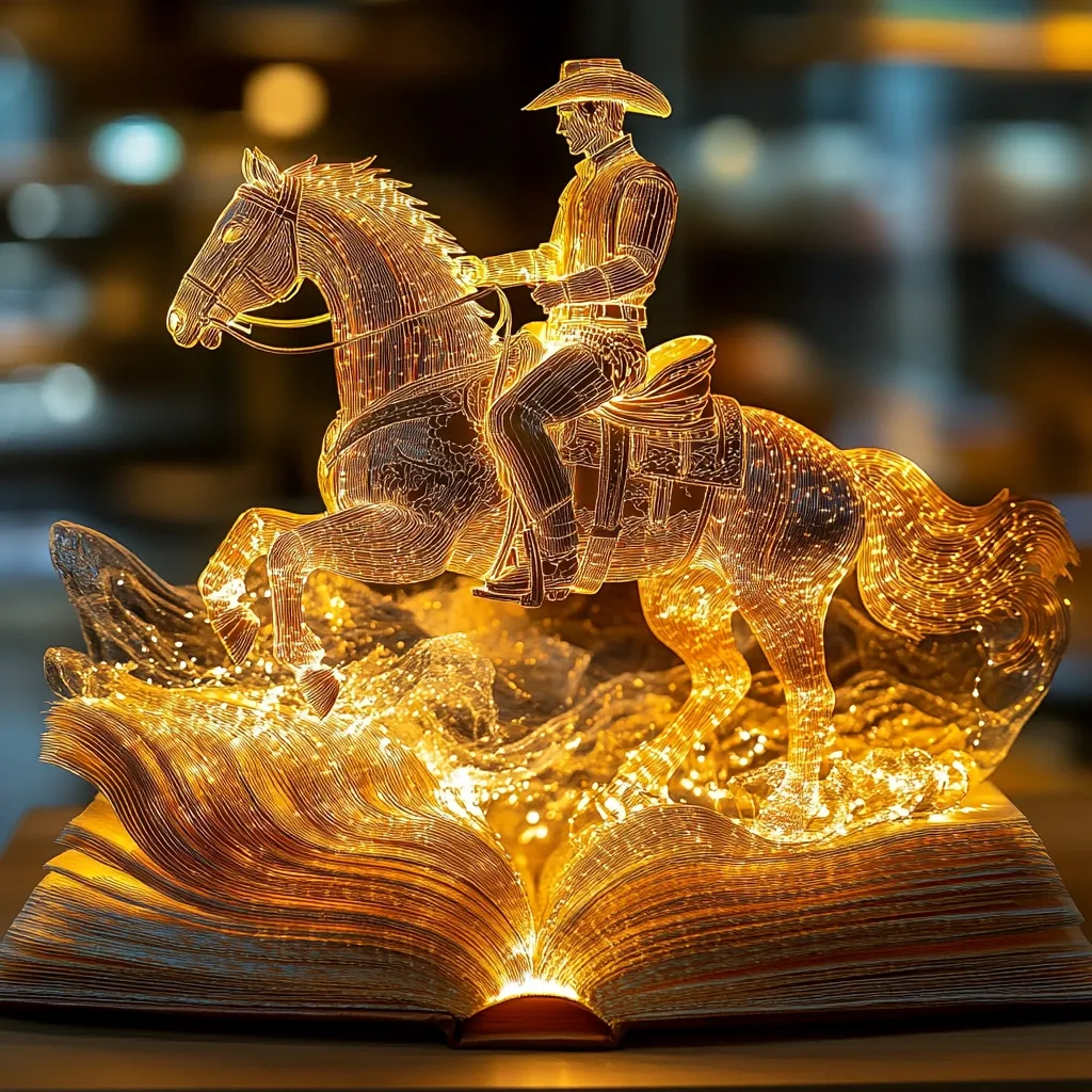 Here's a description of the image:

The image shows a luminous sculpture of a cowboy riding a horse, seemingly emerging from an open book.  The sculpture is intricately detailed, with the horse and rider rendered in a wireframe style, lit from within with warm, golden light.  The book's pages are sculpted to appear as waves, creating a dynamic and visually striking base. The overall effect is elegant, artistic, and evokes a sense of fantasy or storytelling.