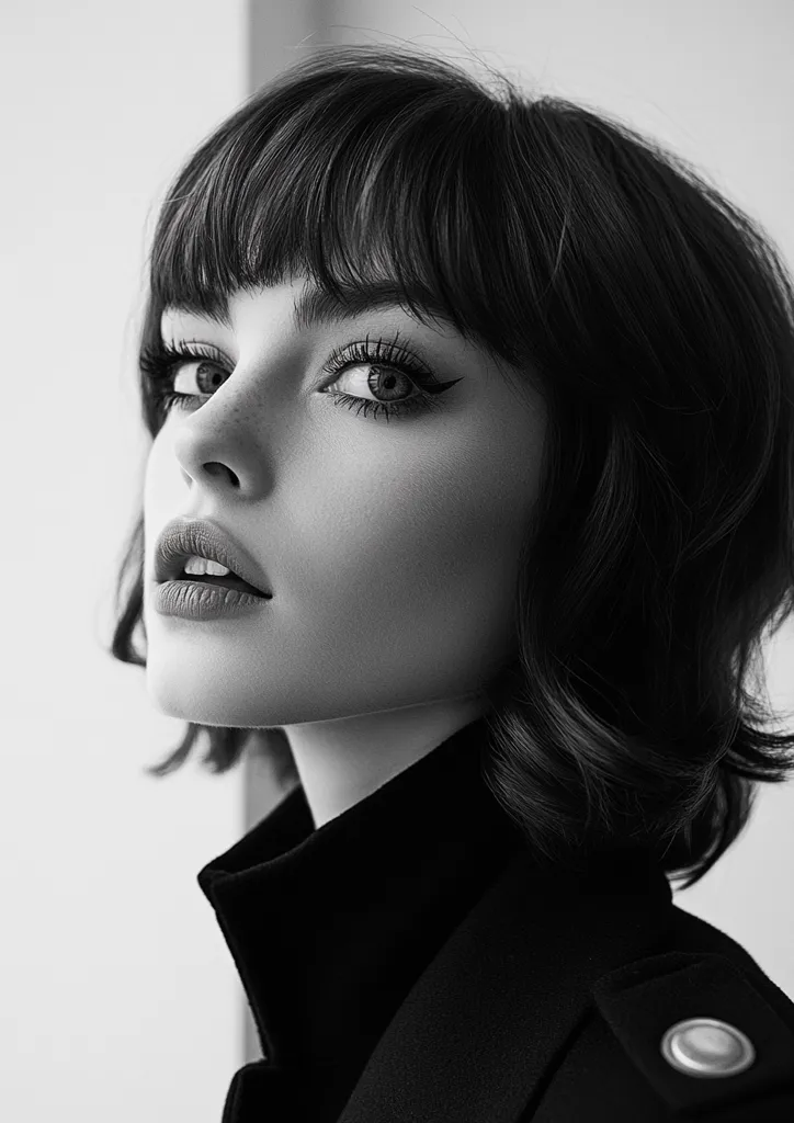 Here's a description of the image:

The black and white photograph showcases a young woman with a short, wavy bob haircut featuring blunt bangs that frame her face. Her makeup is subtly dramatic, with defined eyes and lips.  She's wearing a dark, high-collared coat or jacket, giving a sleek and sophisticated appearance.  The lighting is soft and focused on her face, emphasizing her features and creating a striking contrast against the plain background.  The overall mood is elegant and stylish.