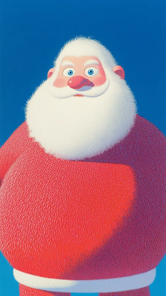 Here's a description of the image:

The image is a stylized portrait of Santa Claus against a solid blue background. He is depicted in a cartoonish manner, with a bright red suit that appears textured like short, dense fur. His white beard is similarly textured and fluffy, framing a face with large, expressive blue eyes and a rosy nose. Santa's expression is mild and pleasant, almost contemplative. The overall style is clean and smooth, with a focus on color and texture.  The lighting suggests a slight shadow on his suit, adding depth to the image.