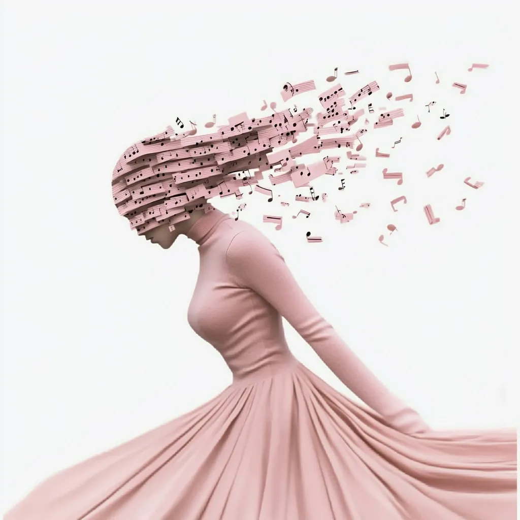 Here's a description of the image:

The image showcases a stylized female figure wearing a blush-pink, long-sleeved gown with a full, flowing skirt. Her head is replaced by a mass of pale pink musical notes, appearing as though they are flowing and escaping from her, creating a dynamic, ethereal effect.  The notes are scattered around her, extending outward, suggesting a sense of movement and liberation. The overall aesthetic is dreamlike and artistic, blending fashion and musical imagery.  The background is plain white, drawing focus to the central figure.