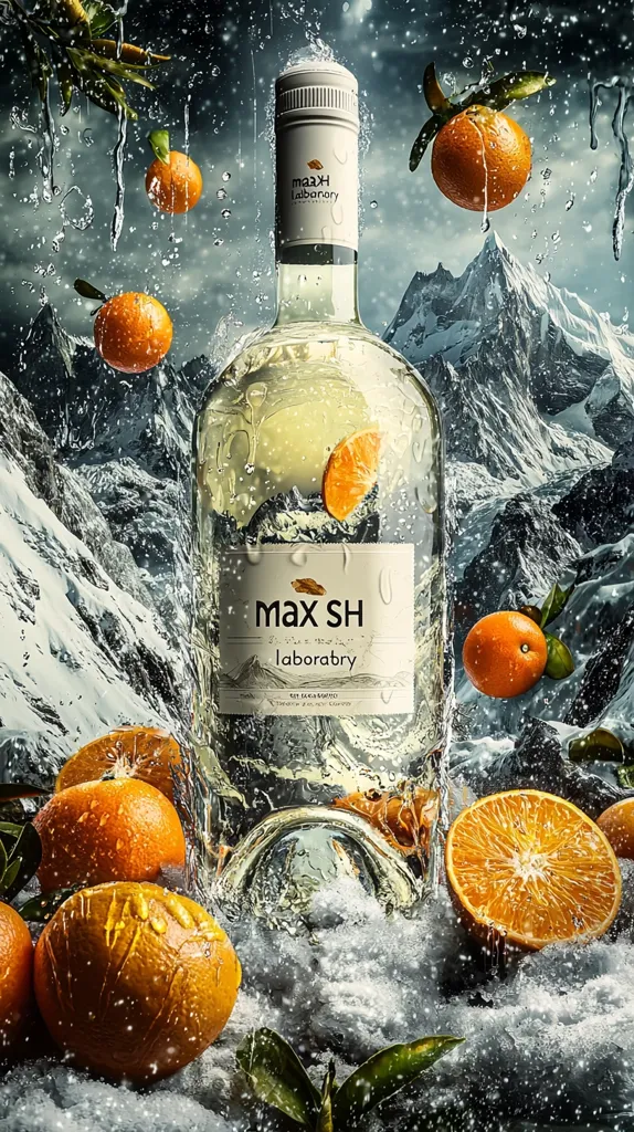 A bottle of Max SH Laboratory beverage is the focal point of this image, appearing to be chilled, possibly wine or a similar drink.  It’s surrounded by vibrant oranges and water droplets, creating a sense of freshness and coolness.  A snowy, mountainous backdrop enhances the feeling of a cold, crisp environment.  The overall aesthetic is dramatic and visually striking, emphasizing the drink's refreshing qualities.