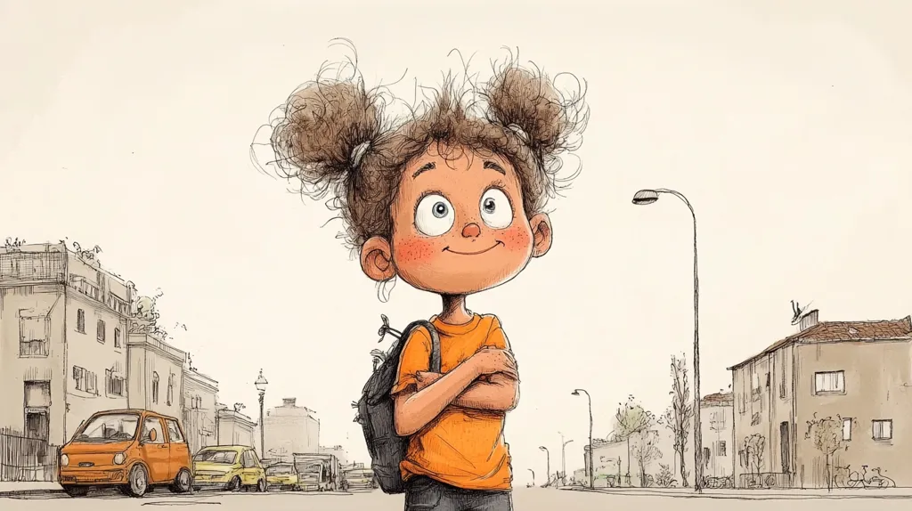 A cheerful illustration depicts a young girl with brown, curly hair in pigtails, wearing an orange shirt and carrying a backpack.  Her arms are crossed, and she has a happy expression, looking off to her right. She stands on a street lined with low buildings, cars, and streetlights, creating a peaceful, everyday scene. The style is reminiscent of children's book illustration, with loose, expressive lines and muted colors.  The overall mood is optimistic and charming.