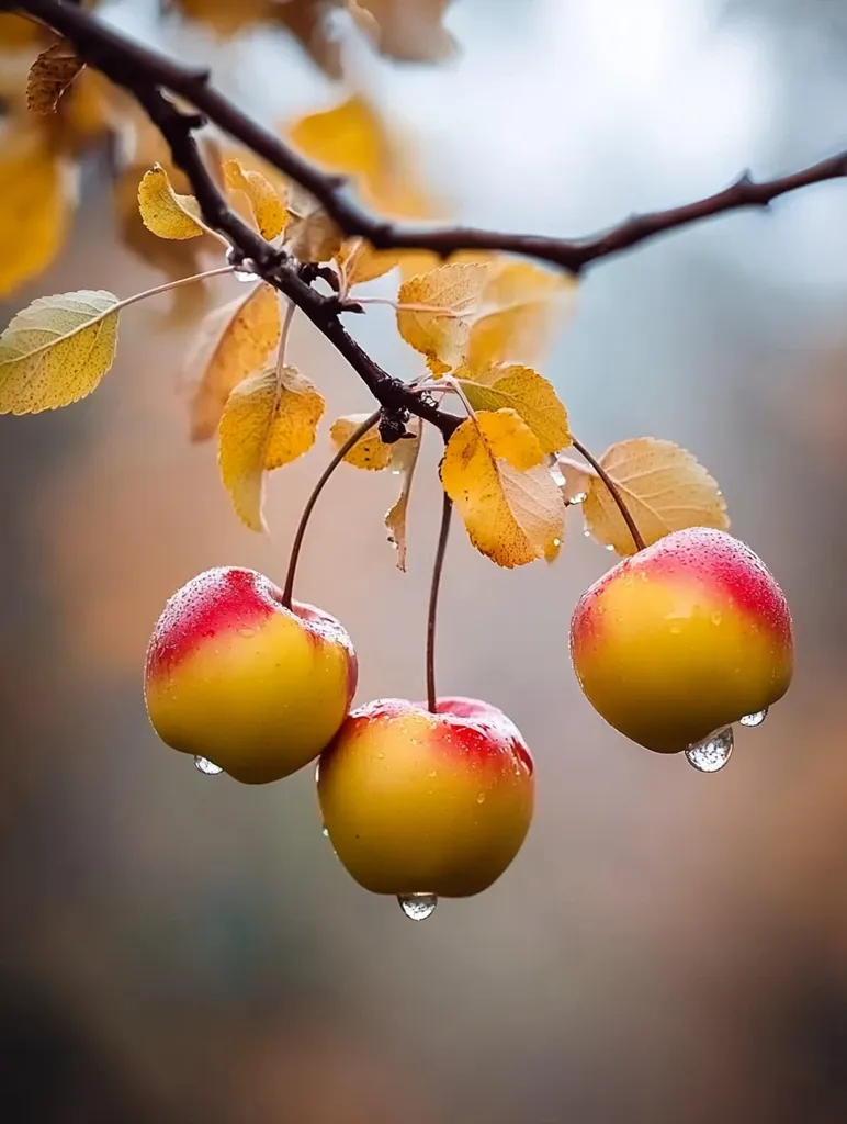 Here's a description of the image:

The photograph showcases three small, ripe crabapples hanging from a branch.  The apples are a blend of yellow and red, glistening with raindrops.  The branch displays autumnal leaves, varying shades of yellow and gold, some clinging tightly, others showing signs of aging.  The background is blurred, creating a soft, bokeh effect that focuses attention on the fruit and leaves, emphasizing the autumnal atmosphere and the delicate beauty of the scene. The overall mood is serene and peaceful.