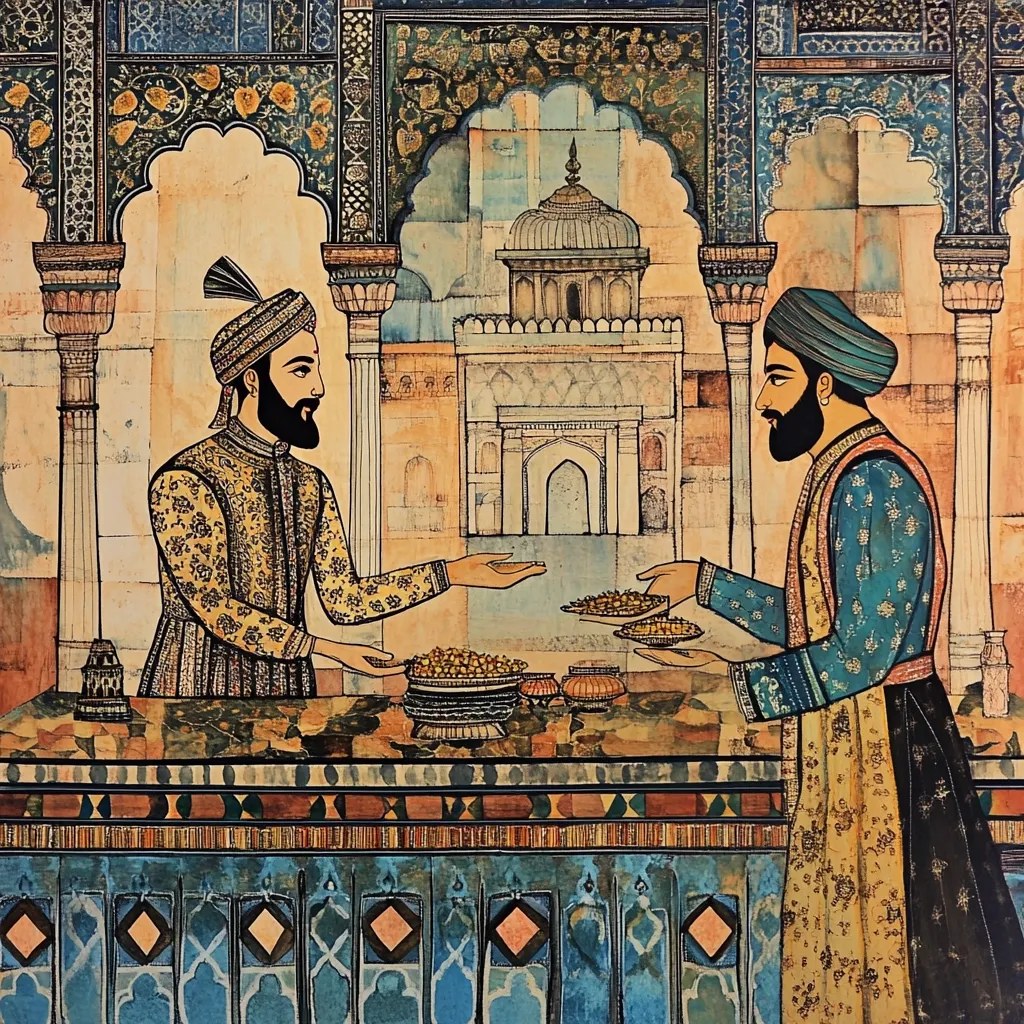 The artwork depicts a scene of exchange in what appears to be a Mughal-era marketplace. Two elaborately dressed men, one in gold and the other in teal, stand at a counter adorned with intricate tilework.  They are exchanging bowls of what seems to be sweetmeats or similar delicacies. The background showcases a detailed cityscape with Mughal architecture, including a domed building, suggesting a bustling, vibrant urban setting.  The painting style is reminiscent of traditional Indian miniature painting, rich in detail and warm color palette.