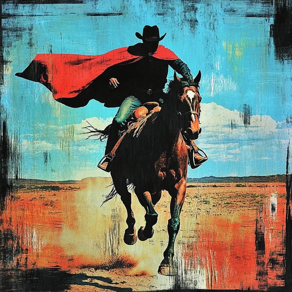 Here's a description of the image:

A stylized artwork depicts a lone cowboy, silhouetted against a vibrant, textured sky, riding a horse at full gallop across a desert landscape. He's cloaked in a flowing red cape that billows dramatically behind him. The color palette is rich and bold, with teal, orange, and red dominating, creating a sense of movement and dynamism. The style is reminiscent of vintage Western posters, incorporating a distressed, almost paint-splattered effect that adds texture and age. The overall impression is one of speed, adventure, and a touch of mystery.