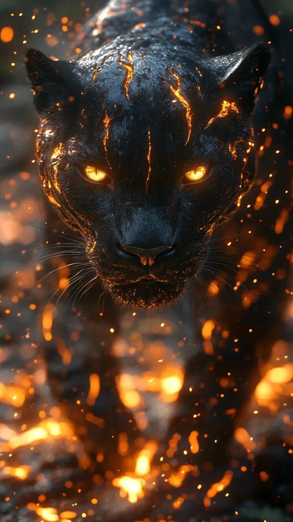 A close-up depicts a black panther-like creature, its fur seemingly composed of obsidian, with fiery orange cracks running through its body, giving the illusion of molten lava. Its eyes glow with an intense orange light, adding to its menacing presence.  Surrounding the creature are sparks and embers, suggesting movement and intense heat. The overall image is dark, dramatic, and evokes a sense of power and otherworldly energy.