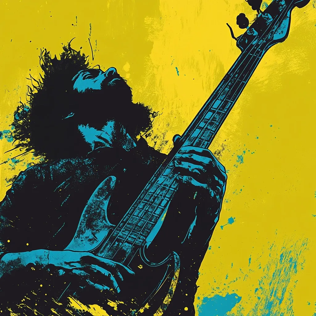 Here's a description of the image:

The artwork is a stylized illustration of a bass guitarist, rendered in a bold, graphic style. The musician, with long, flowing hair, is depicted in a dynamic pose, head tilted back, seemingly lost in the music. The figure is primarily black and teal, sharply contrasting against a vibrant yellow background splattered with paint-like texture. The bass guitar is prominent, its lines clean and detailed against the artist's more abstract form. The overall feel is energetic and expressive, capturing a moment of intense musical performance. The color palette is limited yet impactful, emphasizing the contrast between the musician and the background, creating a powerful visual statement.