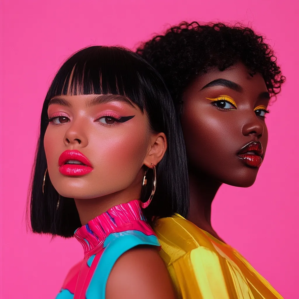Two young women with contrasting skin tones and hairstyles stand shoulder-to-shoulder against a vibrant pink background.  The woman on the left has straight black bob hair and bold pink lipstick; her makeup features a winged eyeliner.  The woman on the right has short, curly black hair and wears bright yellow eyeliner with glossy dark red lips. Both women are stylishly dressed, showcasing a striking contrast in appearance and fashion choices.  The image is bold, colorful, and visually arresting.