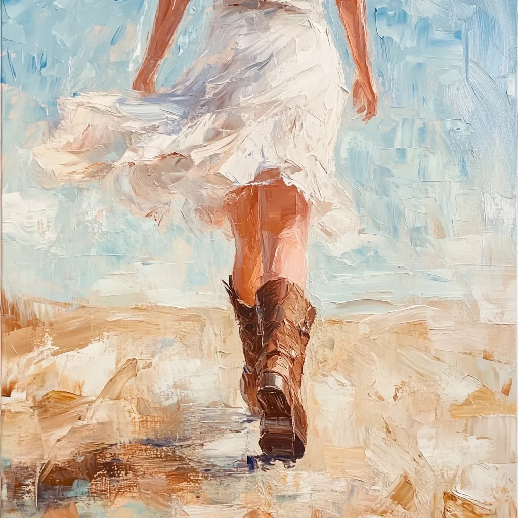 Here's a description of the image:

The painting is an impressionistic depiction of a woman walking away from the viewer.  Her white dress billows behind her, suggesting movement and a breezy setting.  Only her legs and feet are clearly visible, clad in brown boots. The style is loose and painterly, with visible brushstrokes creating texture and a sense of motion. The background is a blend of light blues and tans, suggesting a sky and sandy landscape.  The overall feeling is one of freedom and peaceful escape.