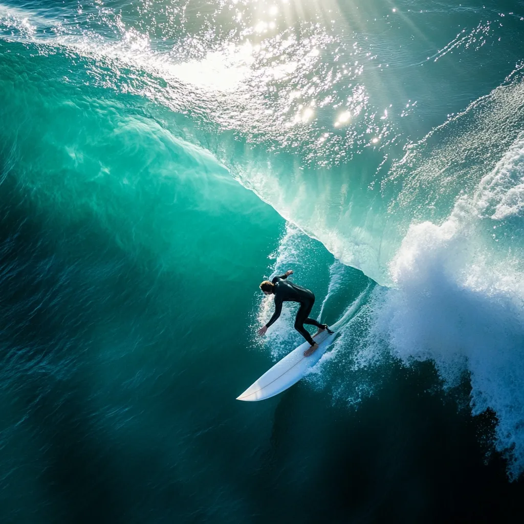 Here's a description of the image:

An aerial shot captures a surfer riding a large, curling wave.  The surfer, clad in a dark wetsuit, is positioned near the wave's bottom, carving a clean line.  Sunlight streams down, illuminating the turquoise water and creating a sparkling effect. The wave's face is a vibrant teal, contrasting with the foamy white water at its crest. The overall scene is dynamic, showcasing the power and beauty of the ocean and the skill of the surfer.