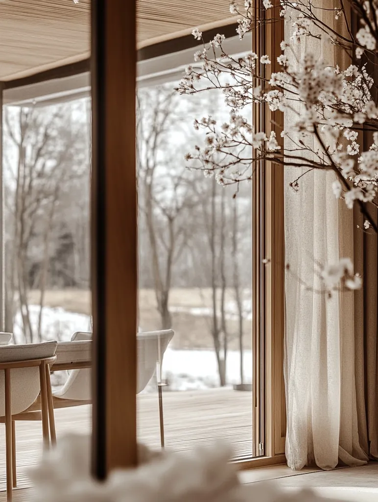 Here's a description of the image:

The photo shows a minimalist interior space, featuring large wooden framed windows and doors that offer a view of a snowy, tranquil landscape. A flowering branch, possibly cherry blossoms, is artfully placed near the window, partially obscuring a sheer linen curtain.  Light-colored, simple wooden chairs and a table are partially visible, suggesting a dining area. The overall aesthetic is serene and calming, with a muted color palette of beige, brown, and white, emphasizing natural light and textures. The focus is on the interplay of indoor and outdoor spaces, creating a feeling of quiet contemplation.