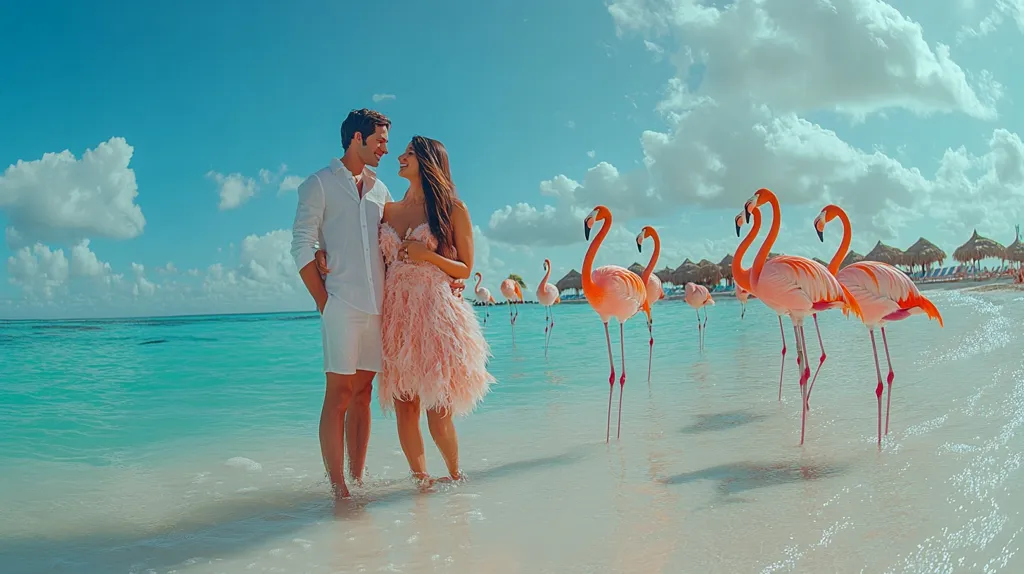 A couple stands in shallow turquoise water on a pristine beach, gazing lovingly at each other.  The woman wears a light pink, feathered dress, and the man is in white linen.  Several vibrant pink flamingos wade nearby in the tranquil water, creating a picturesque tropical scene under a bright, partly cloudy sky.  Beach umbrellas are visible in the distance, suggesting a resort setting. The overall image evokes a sense of romantic paradise.