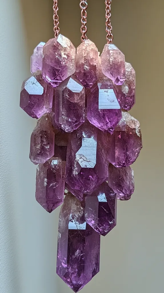 Here's a description of the image:

Close-up view of a striking amethyst crystal cluster pendant.  Numerous deep purple, pointed amethyst crystals, varying slightly in shade and size, are clustered together and hang from three delicate copper chains. The crystals exhibit a natural, raw texture with some facets showing  light reflections. The overall effect is one of elegant, natural beauty with a rich color palette. The background is a simple, off-white, allowing the pendant to be the clear focal point.